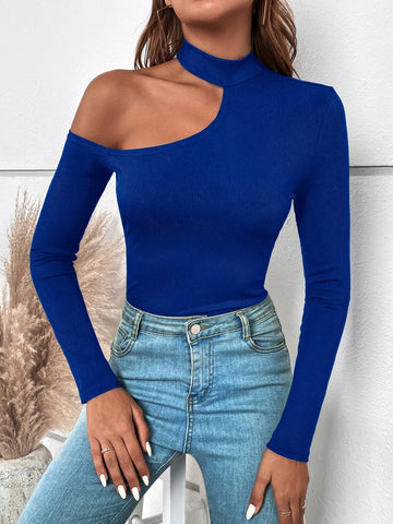 Asymmetrical Neck Ribbed Knit Tee