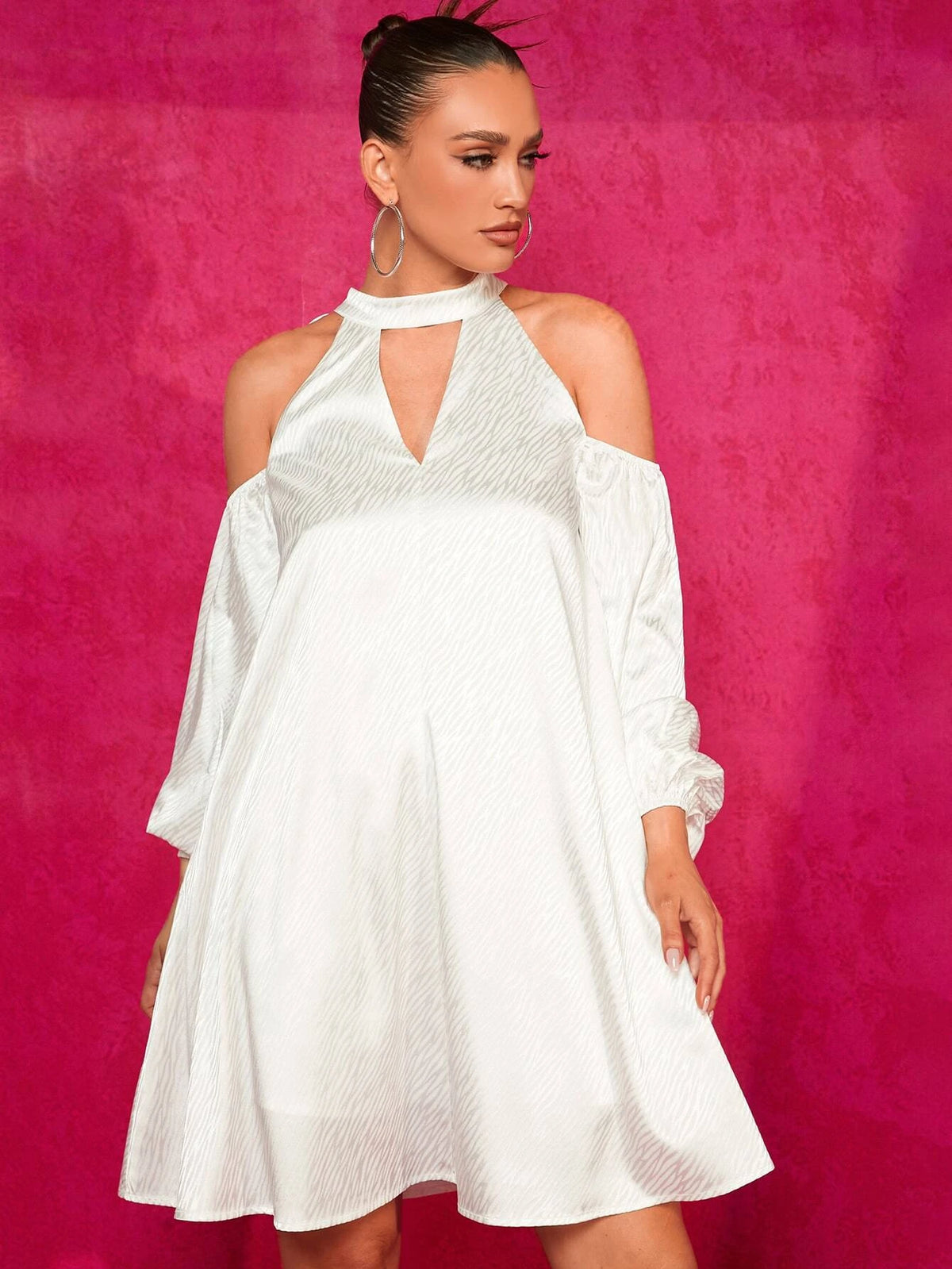 Cold Shoulder Lantern Sleeve Jacquard Dress