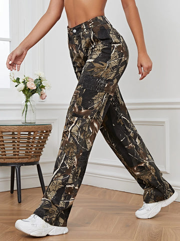 Tall Leaves Print Wide Leg Jeans