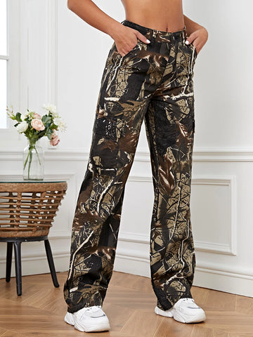 Tall Leaves Print Wide Leg Jeans
