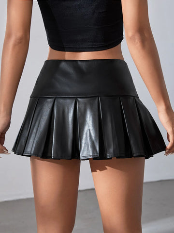 Pleated PU Leather Skirt