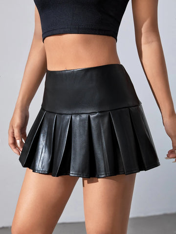 Pleated PU Leather Skirt