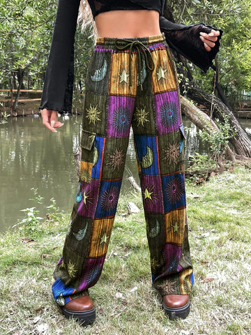 ROMWE PUNK Grunge Patchwork Print Drawstring Waist Cargo Pants