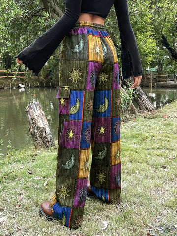 ROMWE PUNK Grunge Patchwork Print Drawstring Waist Cargo Pants