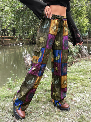 ROMWE PUNK Grunge Patchwork Print Drawstring Waist Cargo Pants