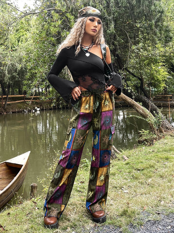 ROMWE PUNK Grunge Patchwork Print Drawstring Waist Cargo Pants