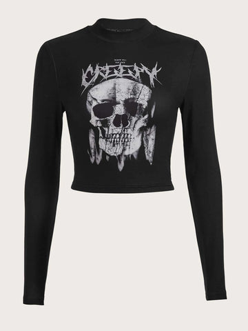 Skull Print Mock Neck Crop Tee