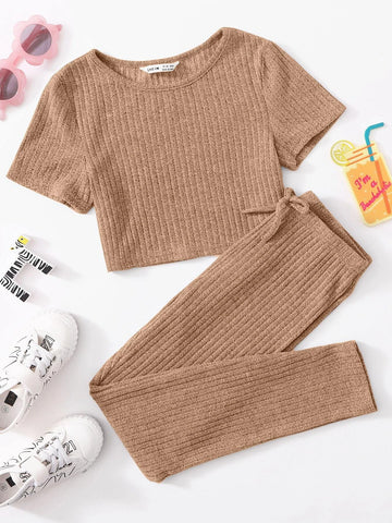 Girls Rib-knit Top & Bow Waist Leggings Set