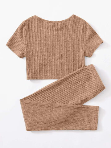 Girls Rib-knit Top & Bow Waist Leggings Set