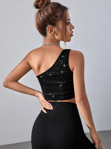 One Shoulder Sequin Crop Top