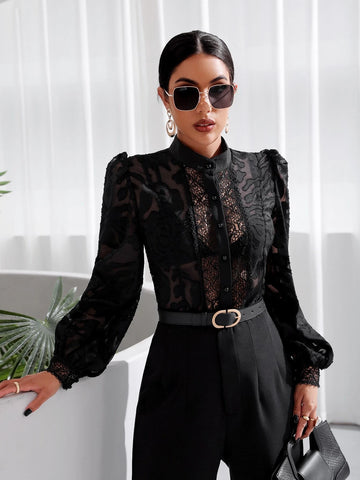 Contrast Lace Lantern Sleeve Mock Neck Top Without Bra