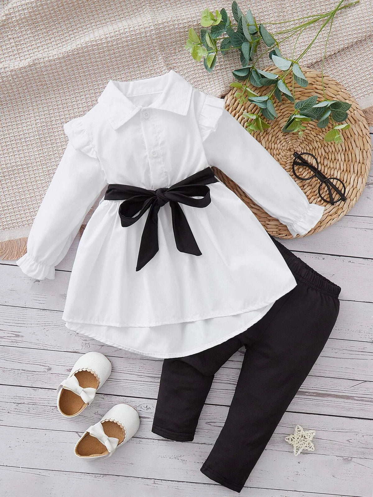 Baby Ruffle Trim Flounce Sleeve Half Button Blouse & Pants