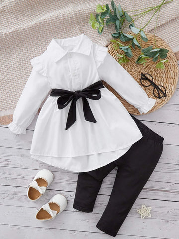 Baby Ruffle Trim Flounce Sleeve Half Button Blouse & Pants