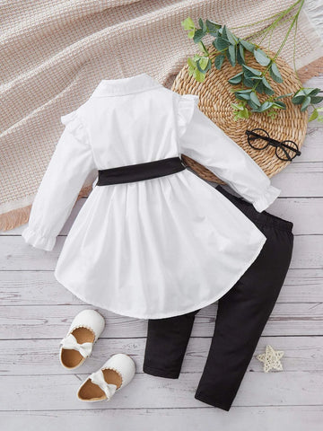 Baby Ruffle Trim Flounce Sleeve Half Button Blouse & Pants