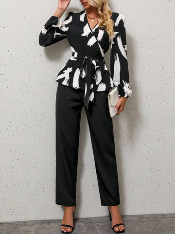 Graphic Print Lantern Sleeve Belted Top & Pants