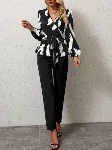 Graphic Print Lantern Sleeve Belted Top & Pants