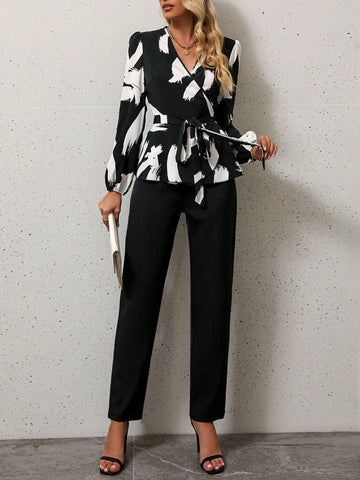 Graphic Print Lantern Sleeve Belted Top & Pants