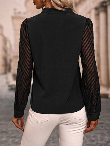 Notched Neckline Contrast Mesh Blouse