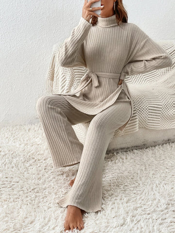 Turtleneck Drop Shoulder Belted Split Hem Tee & Pants