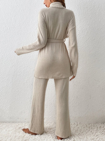 Turtleneck Drop Shoulder Belted Split Hem Tee & Pants