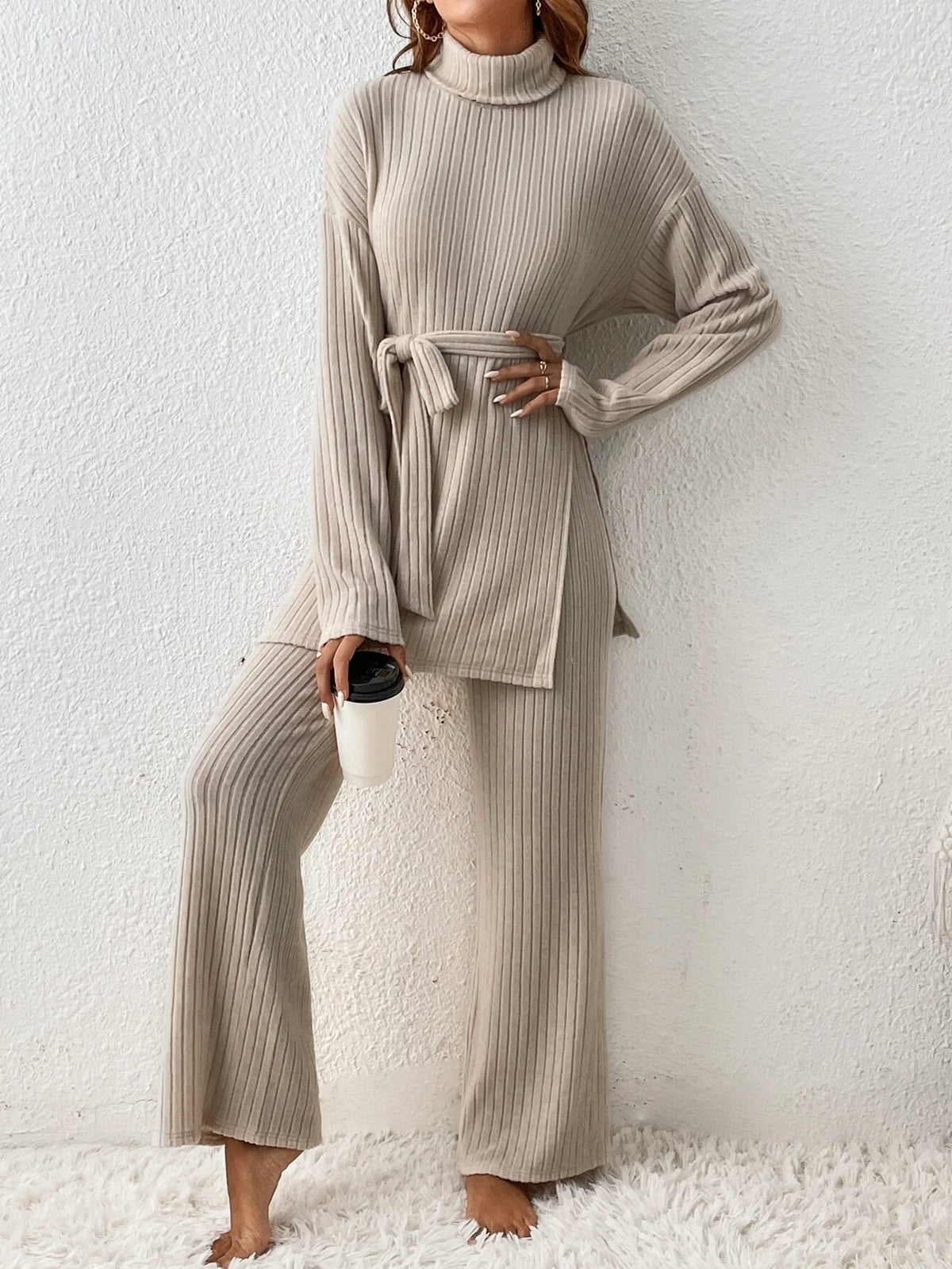 Turtleneck Drop Shoulder Belted Split Hem Tee & Pants