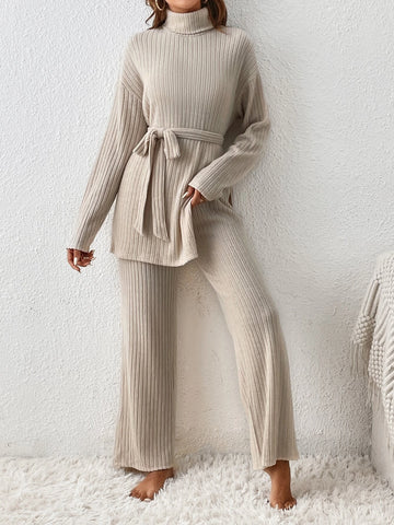 Turtleneck Drop Shoulder Belted Split Hem Tee & Pants