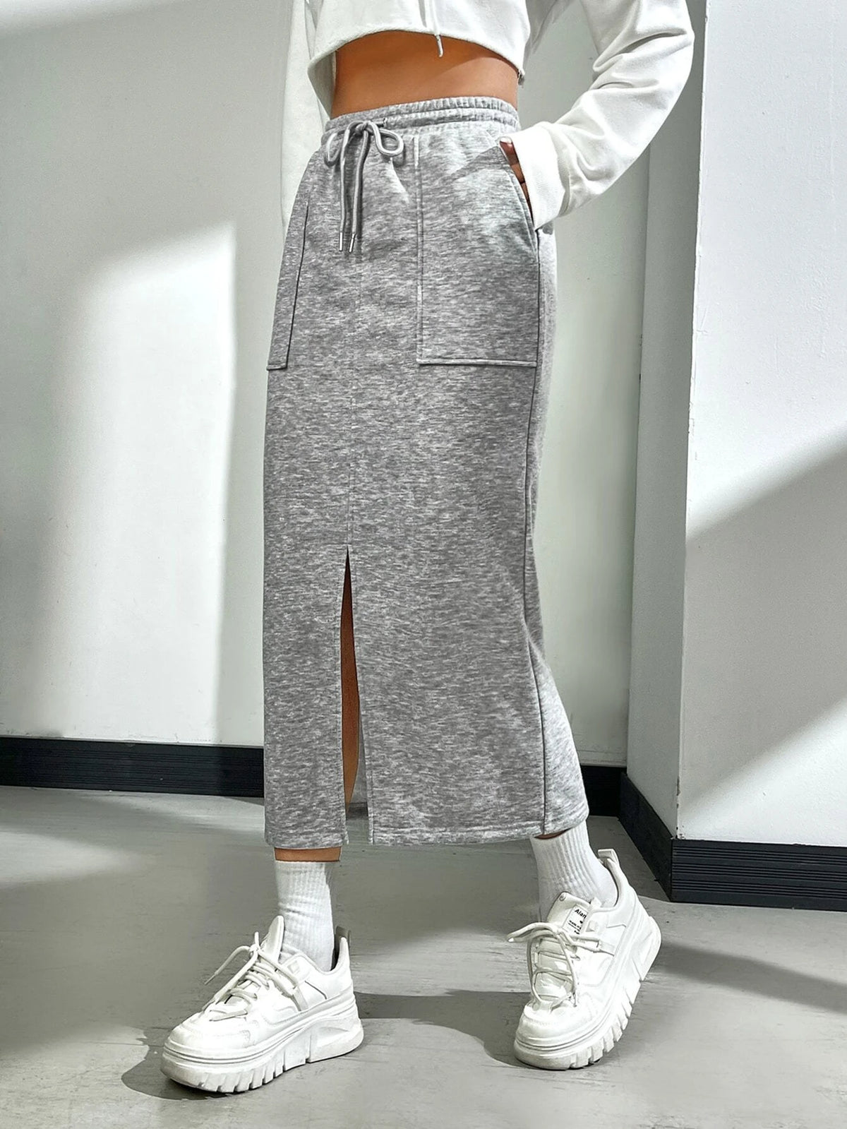 EZwear Drawstring Waist Slant Pocket Split Hem Skirt