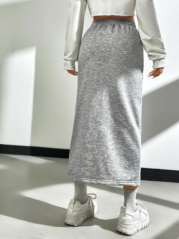 EZwear Drawstring Waist Slant Pocket Split Hem Skirt