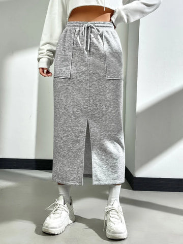 EZwear Drawstring Waist Slant Pocket Split Hem Skirt