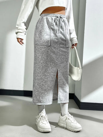 EZwear Drawstring Waist Slant Pocket Split Hem Skirt