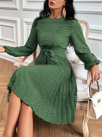 Polka Dot Print Lantern Sleeve Pleated Hem Belted Dress