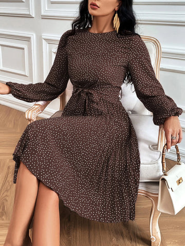 Polka Dot Print Lantern Sleeve Pleated Hem Belted Dress