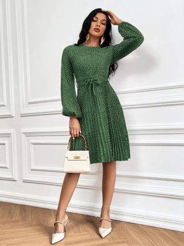 Polka Dot Print Lantern Sleeve Pleated Hem Belted Dress