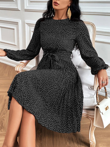 Polka Dot Print Lantern Sleeve Pleated Hem Belted Dress