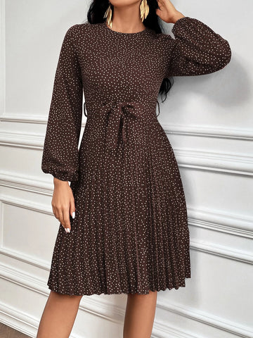 Polka Dot Print Lantern Sleeve Pleated Hem Belted Dress
