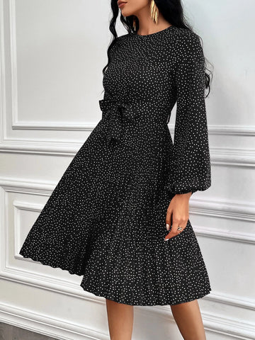 Polka Dot Print Lantern Sleeve Pleated Hem Belted Dress