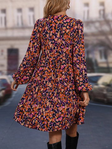 Allover Print Lantern Sleeve Smock Dress