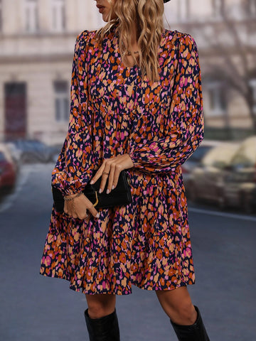 Allover Print Lantern Sleeve Smock Dress