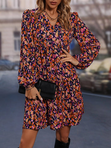 Allover Print Lantern Sleeve Smock Dress
