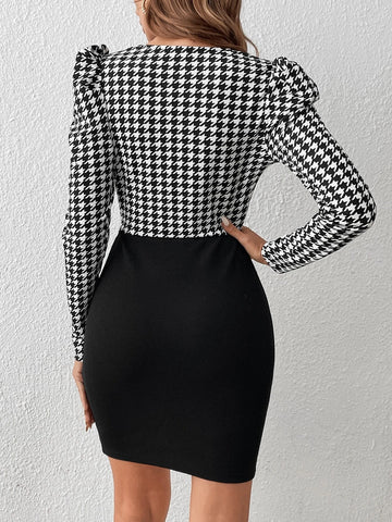 Houndstooth Print Puff Sleeve Bodycon Dress