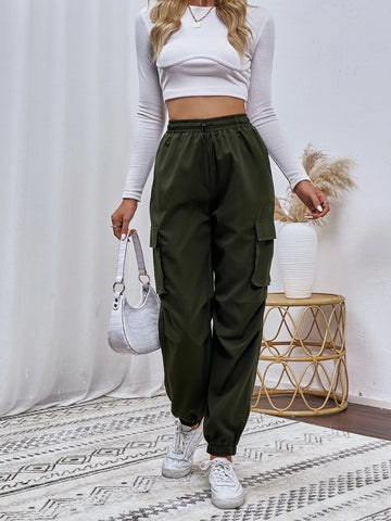 Flap Pocket Drawstring Waist Cargo Pants