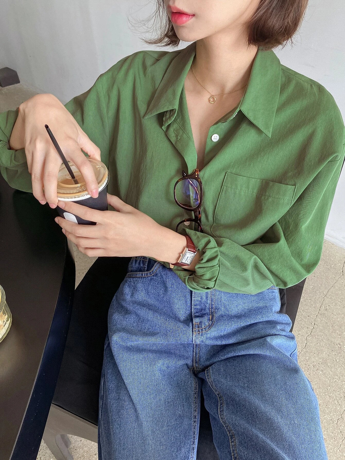 DAZY Solid Drop Shoulder Patched Pocket Button Front Shirt