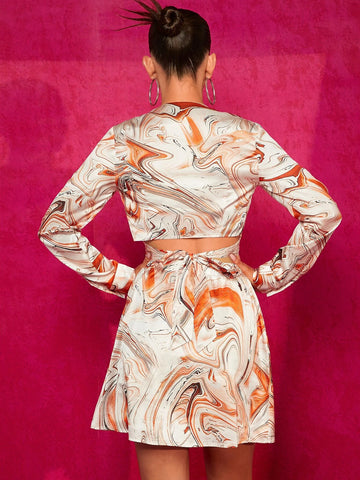 Marble Print Tie Back Crop Top & Skirt