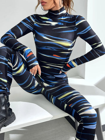 Marble Print Mock Neck Unitard Jumpsuit