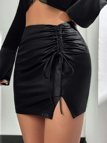 Drawstring Split Hem PU Leather Skirt