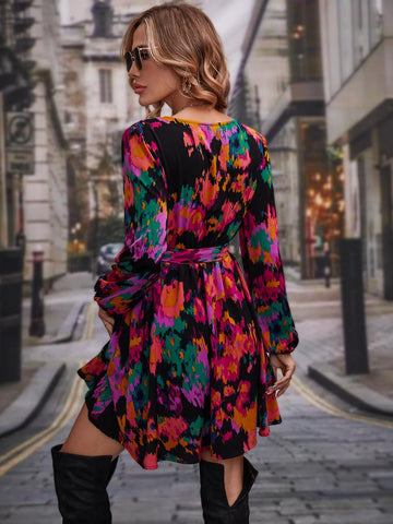 Frenchy Allover Print Lantern Sleeve Belted Dress