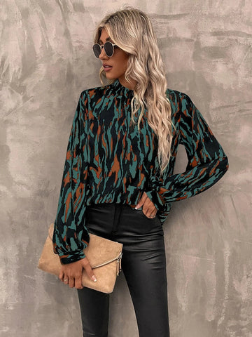 Allover Print Mock Neck Lantern Sleeve Blouse