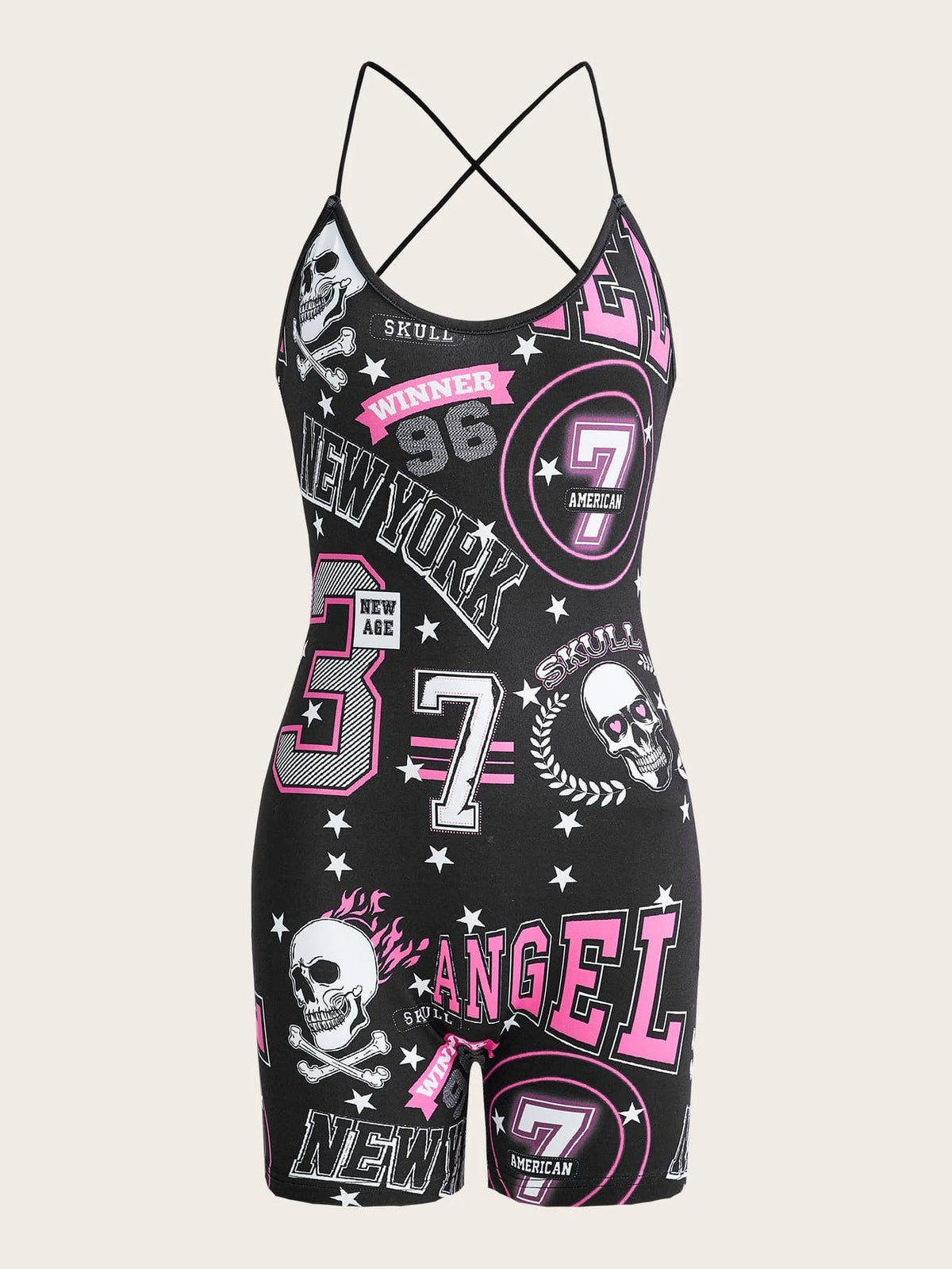 Skull & Letter Graphic Cami Romper