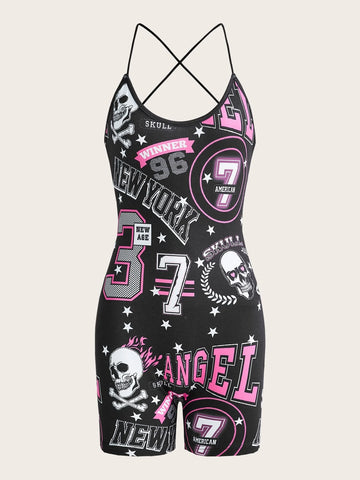 Skull & Letter Graphic Cami Romper