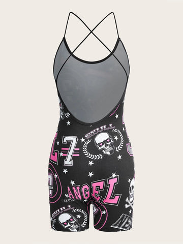 Skull & Letter Graphic Cami Romper